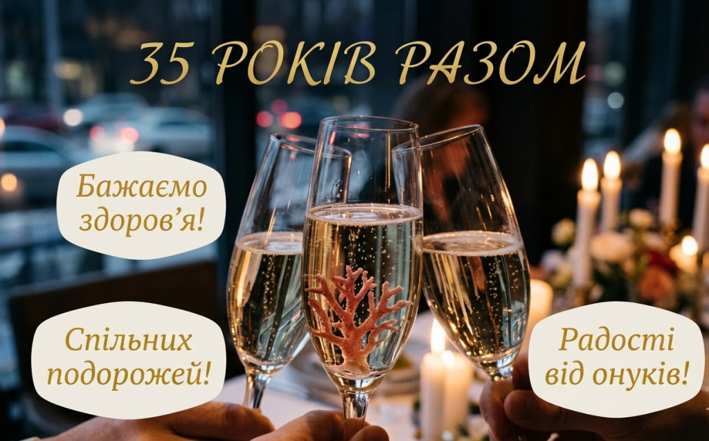 Крупный план трех бокалов шампанского, чокающихся на празднике коралловой свадьбы, с поздравительным текстом на украинском языке, предлагающим идеи для тостов.