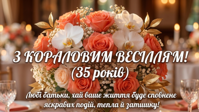 Пишний вітальний букет із коралових троянд та білих орхідей на фоні розмитого святкового застілля, з вітальним текстом українською мовою "З кораловим весіллям! (35 років)"