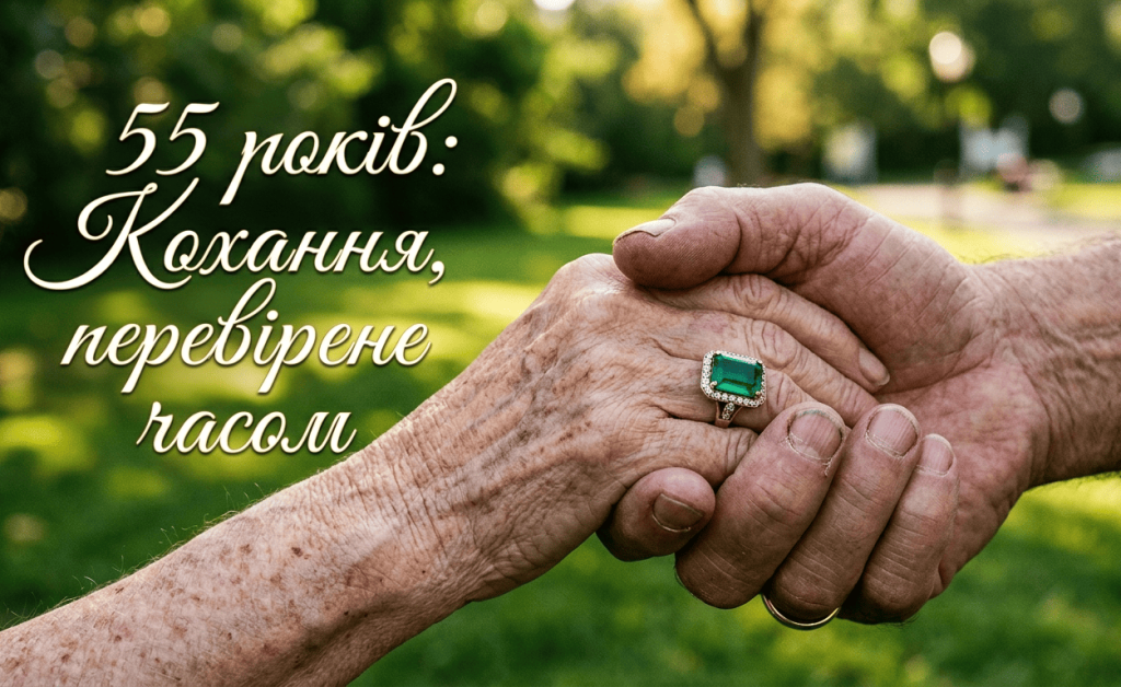 Крупний план рук літньої пари, що тримаються разом 55 років, з акцентом на смарагдову каблучку.