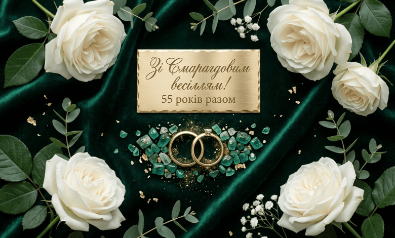 Розкішна листівка до смарагдового весілля з обручками, емеральдами та написом про 55 років разом.