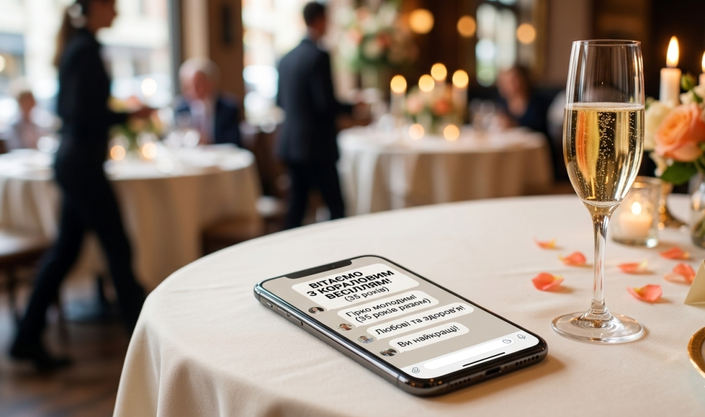 Смартфон с открытым мессенджером, на экране которого отображены короткие поздравительные SMS-сообщения на украинском языке по случаю 35-летия свадьбы.