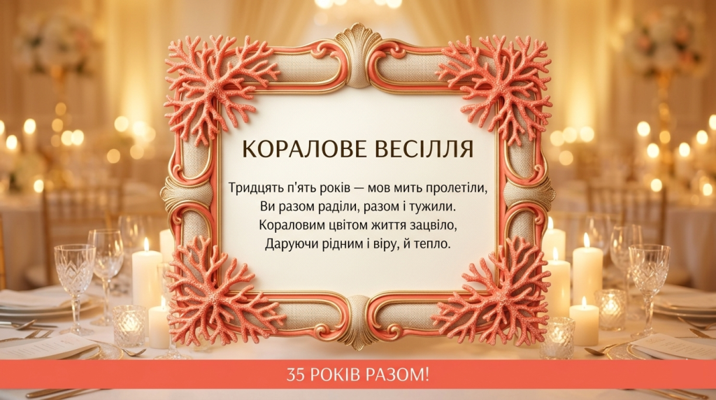 Поздравительная открытка с изысканной коралловой рамкой, внутри которой размещено стихотворение на украинском языке в честь коралловой свадьбы родителей.