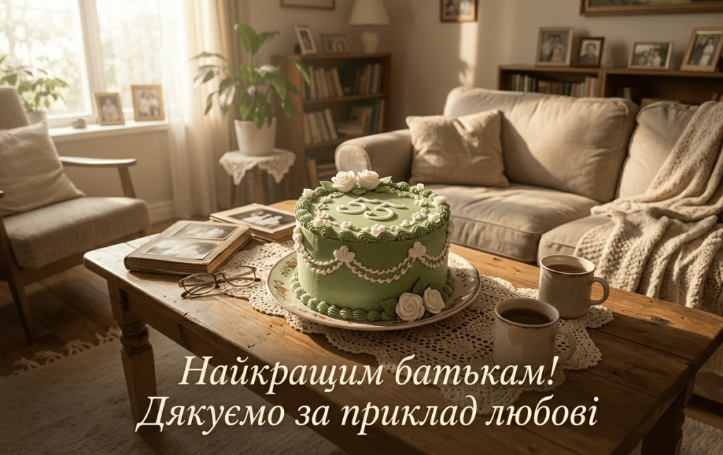 Затишне домашнє фото з ювілейним тортом як символ 55-річчя шлюбу.