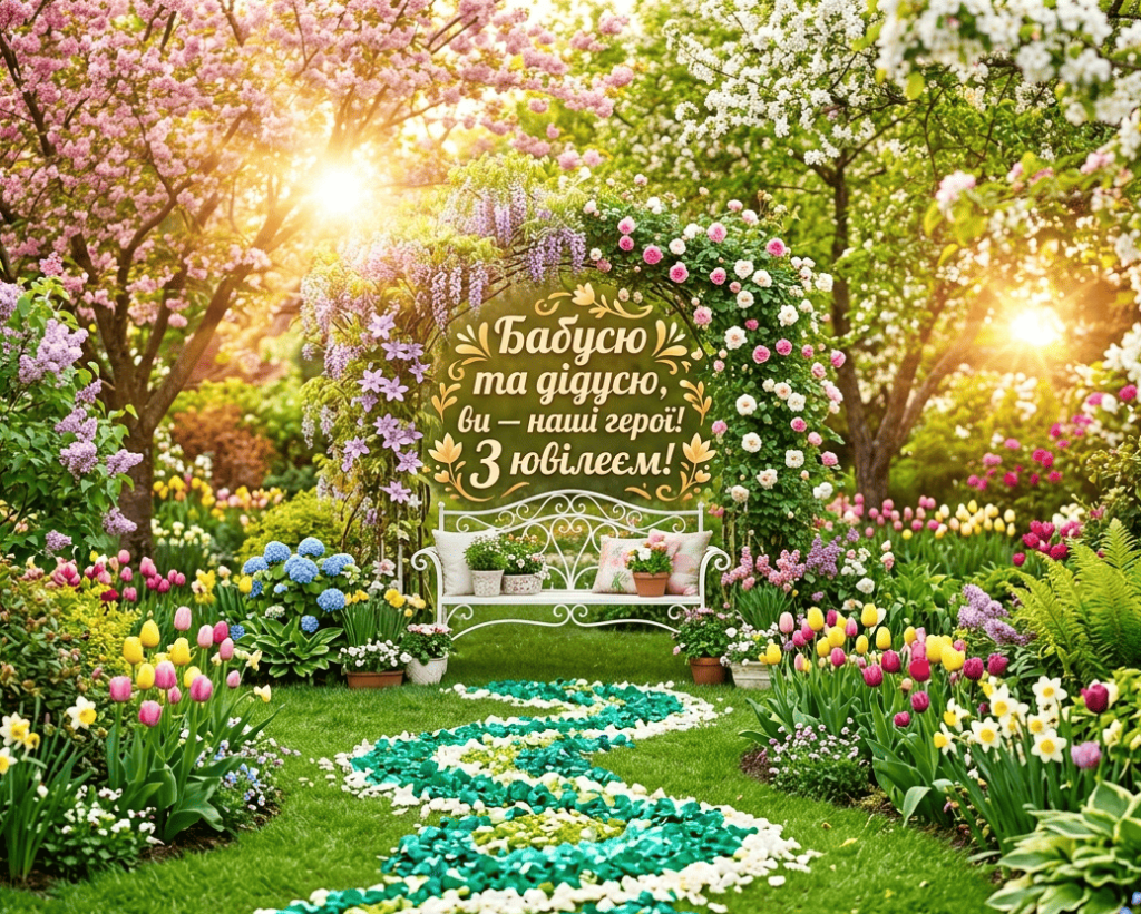 Весняний сад із привітанням для бабусі та дідуся від онуків до дня смарагдового весілля.